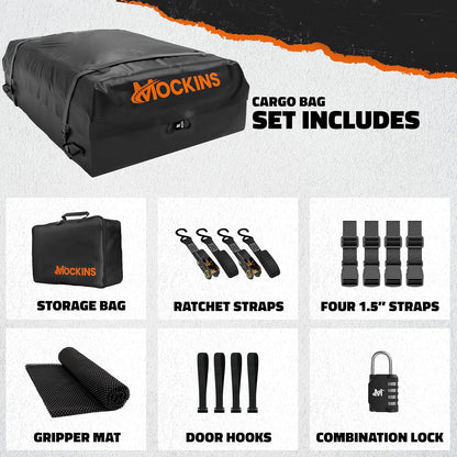 Mockins 25 CuFt Waterproof Rooftop Cargo Bag for Top of Car 60"x43"x17" | All-Weather 840D Vinyl Car Top Carrier without Roof Rack | No Rack Rooftop Cargo Carrier Bag with Mat, Lock, Hooks & Straps