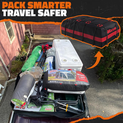Mockins 25 CuFt Waterproof Rooftop Cargo Carrier Bag | 60"x43"x17" All-Weather 500D Soft-Shell Vinyl Car Top Carrier Without Roof Rack | Vehicle Soft-Shell Carriers with Roof Mat, Lock, Hooks & Straps