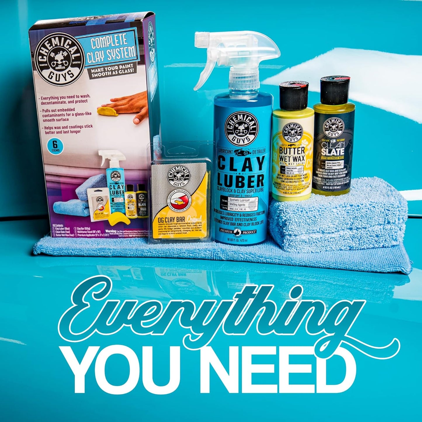 Chemical Guys Clay Bar Kit - Complete System - Clay Bar and Luber Combo with Accessories for Smooth Paint Finish - Removes Embedded Dirt, Overspray, and Fallout - 6 Item Kit