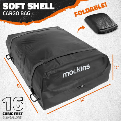 Mockins 16 Cu Ft Weatherproof No Rack Rooftop Cargo Carrier Bag 45"x34"x18" | Rooftop Cargo Bag for Top of Car | Car Topper Luggage Carrier Waterproof Set w/ Accessories | Vehicle Soft-Shell Carriers