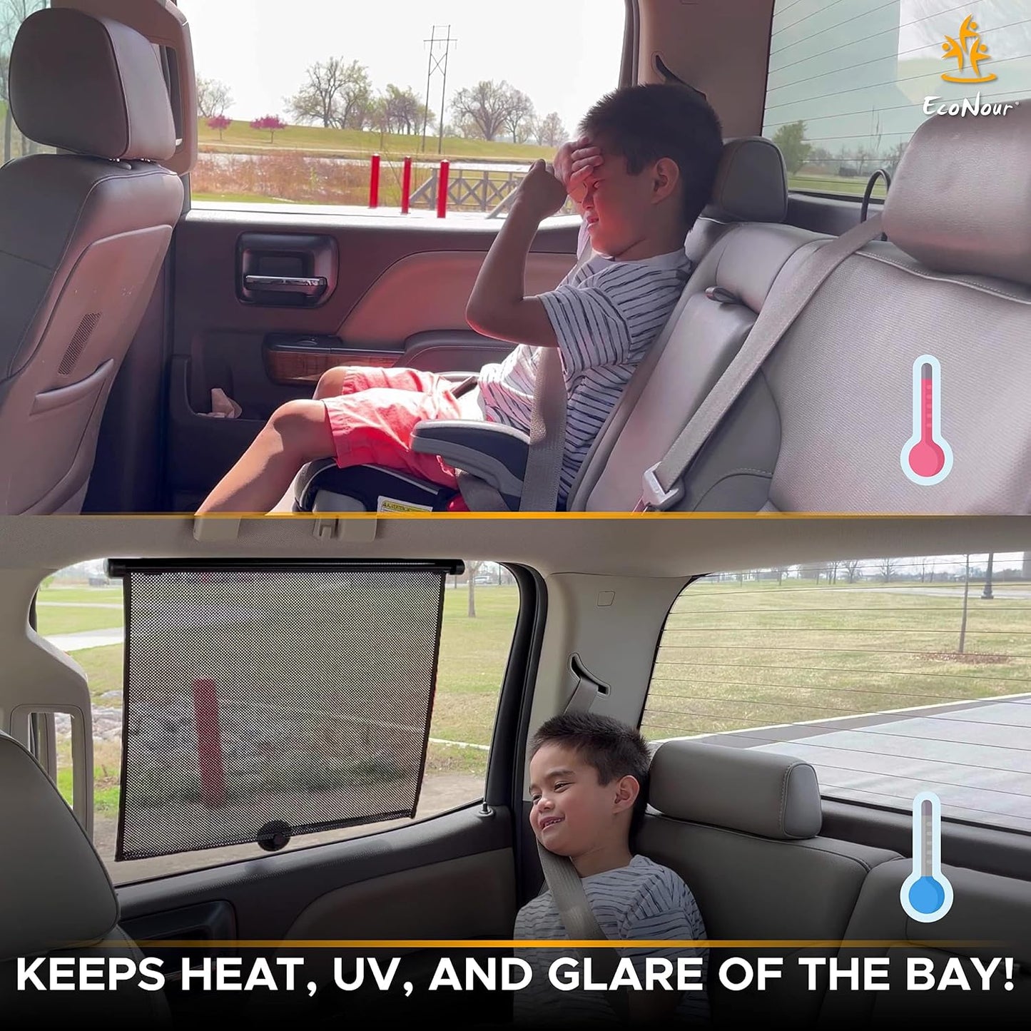EcoNour Car Side Window Sun Shade (2 Pack) | Retractable Roller Sunshade for Kids | Baby Car Window Shades for UV and Sun Glare Protection | Baby Travel Accessories (15"x17")