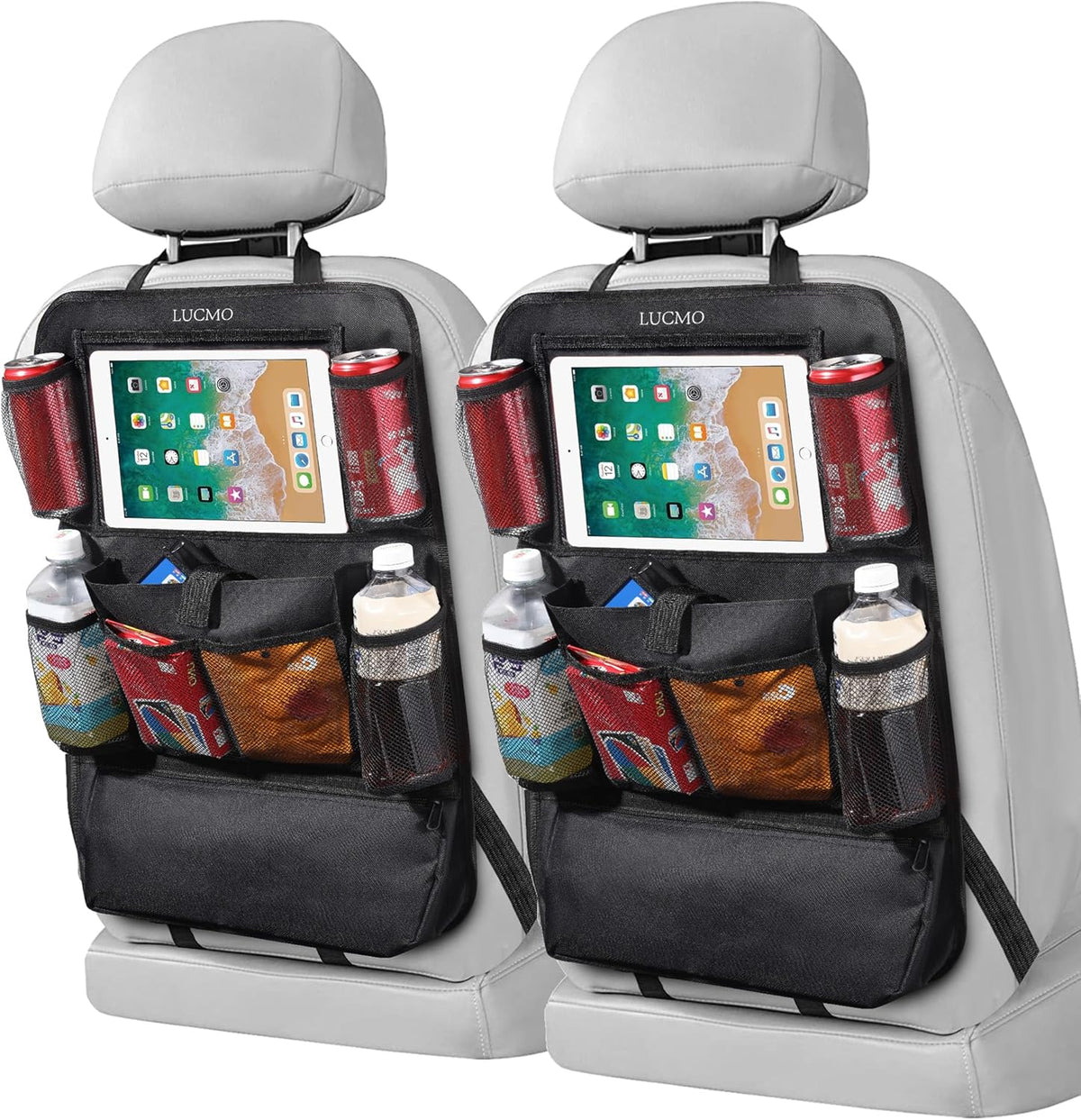 LUCMO Car Backseat Organizer with Tablet Holder,6 Storage Pockets Car Storage Organizer with Foldable Food Tray,Protectors Kick Mats Travel Accessories-Black