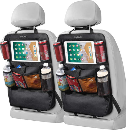 LUCMO Car Backseat Organizer with Tablet Holder,6 Storage Pockets Car Storage Organizer with Foldable Food Tray,Protectors Kick Mats Travel Accessories-Black