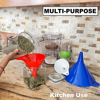 Oil Funnel Set (Orange, 4-Pack) – Plastic Funnels for Automotive Use – Funnels for Kitchen Use Filling Bottles and containers – Funnel for Water Bottles, Gas, Car Oil, Lubricants and Fluids