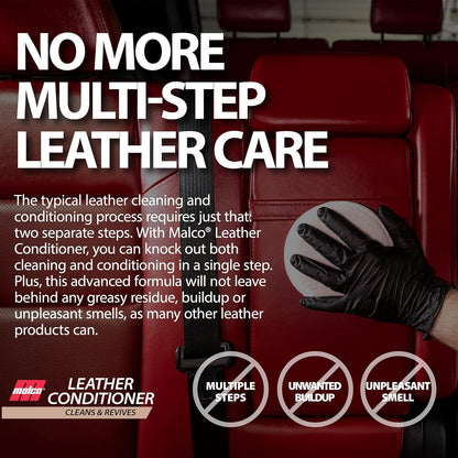 Malco Leather Conditioner for Cars - Cleans and Conditions Automotive Seats & Surfaces/Natural Moisturizers Soften, Restore and Protect Leather Interiors / 32 Oz (109932)