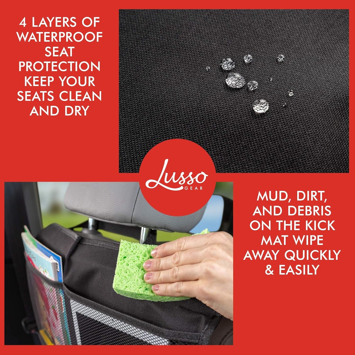 Lusso Gear Seat Back Protector - 2-Pack Kids Kick Mat & Car Seat Organizer - Waterproof Oxford Backseat Cover - 3 Mesh Pockets for Car Organization, Black
