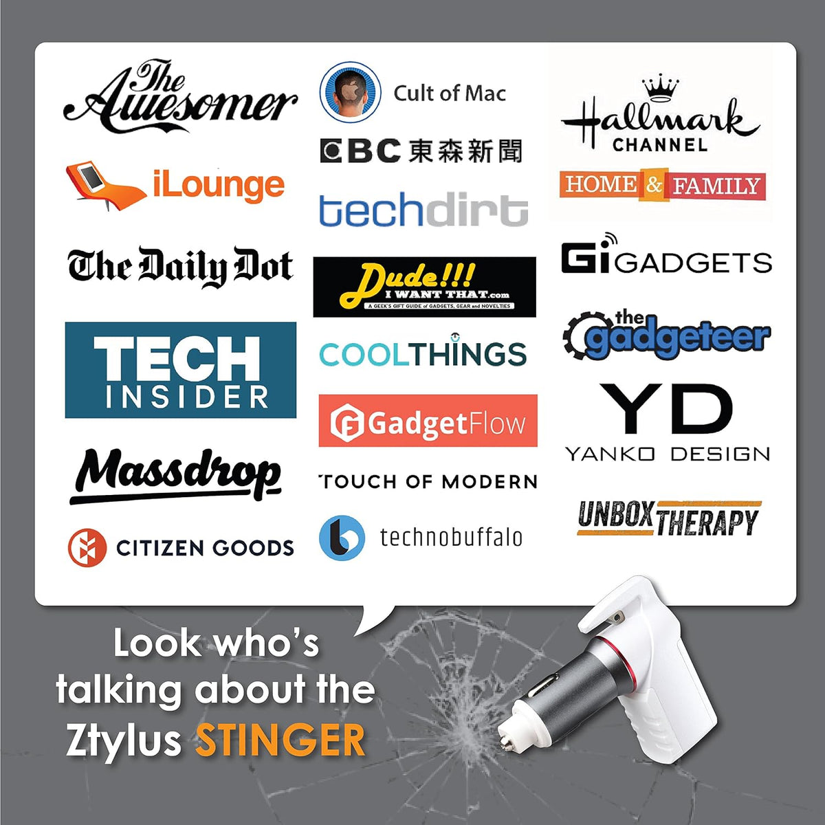 Ztylus Stinger Car Emergency Escape Tool, Spring-Loaded Window Breaker, Car Safety Hammer, Seatbelt Cutter and Window Glass Breaker, USB Car Charger, 2 USB Ports Max 2.4A (Black)