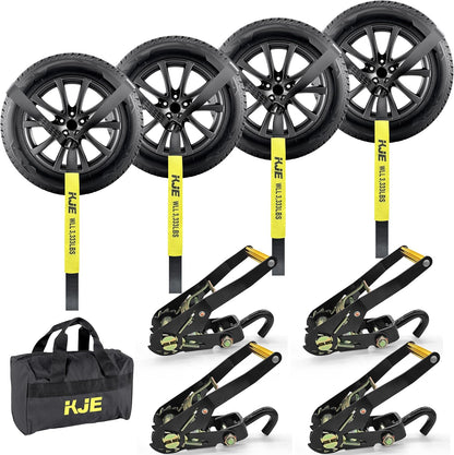 KJE 4 Pack Car Tie Down Straps for Trailers - Lasso Style Tire Ratchet Strap with J Finger Hooks - 2" x 10' 10,000LBS Break Strength - Wheel Straps for Hauling UTV, SUV, Truck, Any Cars