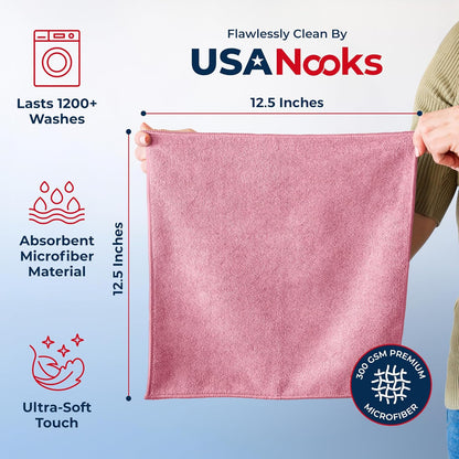 USANOOKS Premium 300GSM Microfiber Cleaning Cloth - 12.5"x12.5" High Performance - 1200 Washes, Ultra Absorbent Microfiber Towels for Cars Undercarriage, Rims & Engine Bay Cleaning - Microfiber Cloth