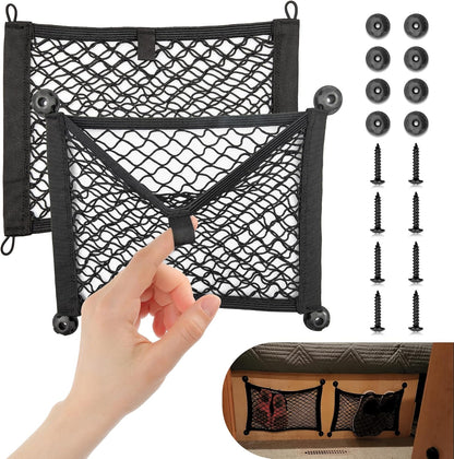 RED WOLF 2 Layer Small Mesh Cargo Net Elastic Storage Netting 2 Pcs Stretchable Car Organizer Net 14×10 Inch for Trunk RV Boats Home Auto Cargo Net Pocket with Screws and Hooks