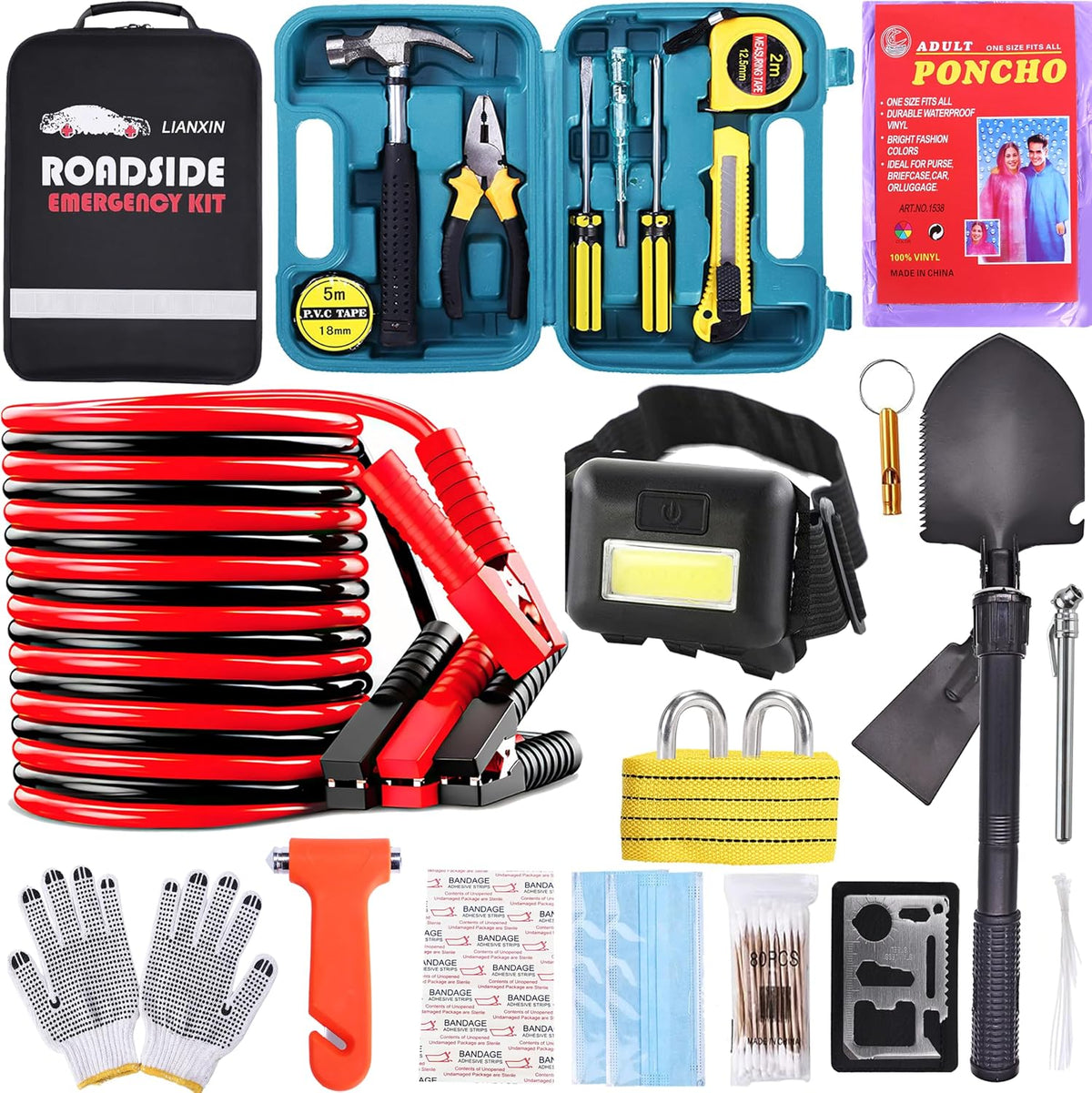 142 PCS Emergency Roadside Kit for Car ,Safety Car Kit with Jumper Cables | Roadside Assistance Emergency Kit Warning Triangle, Safety Hammer, Tow Rope, Car Emergency Kit Gifts for New Drivers