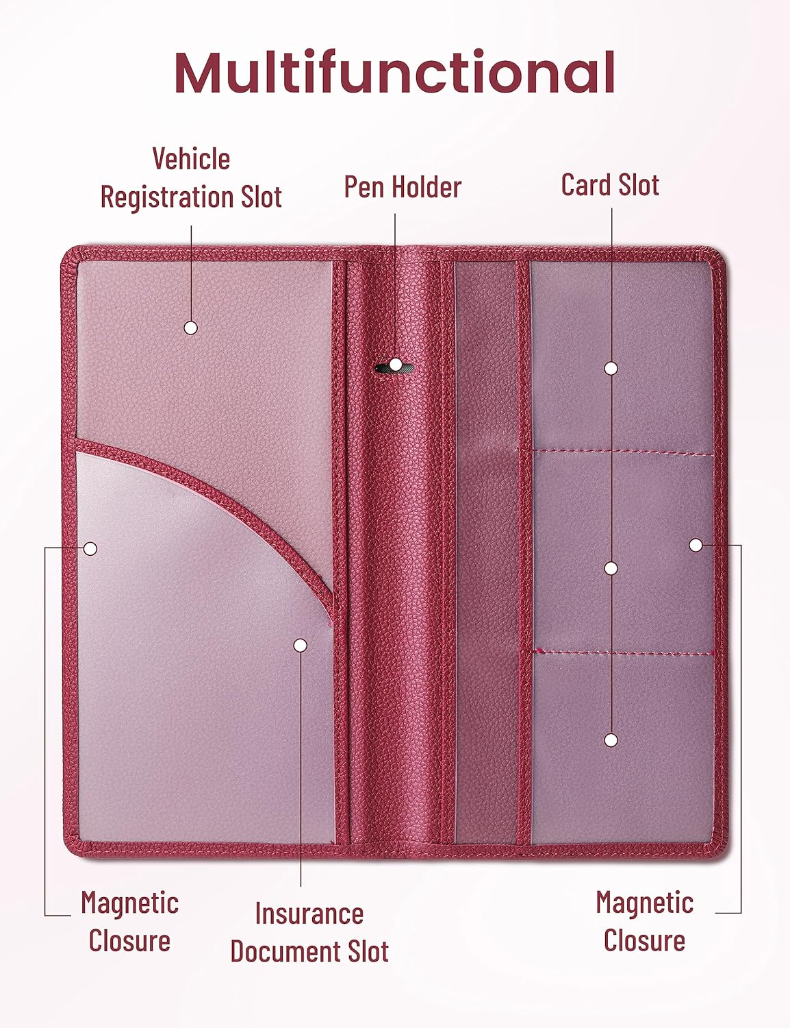 Yarnic Car Registration and Insurance Holder, Pu Leather Car Registration and Insurance Card Holder Car Document Holder for Cards, Essential Document, Driver License (Pink)