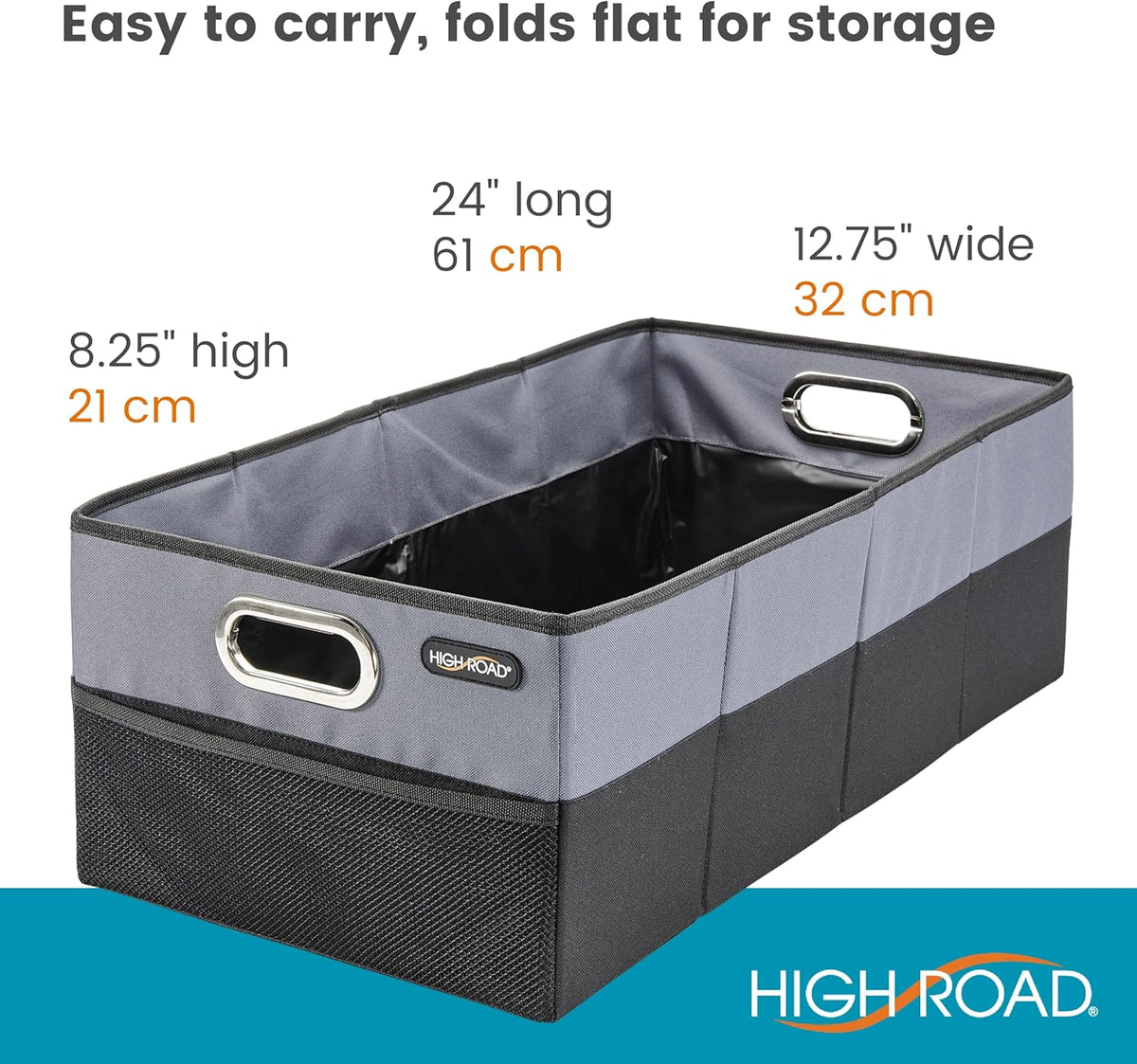 High Road CargoCube Car Storage Bin - Leakproof Car Trunk Storage Organizer with Metal Handles and Front Mesh Pocket (Square)