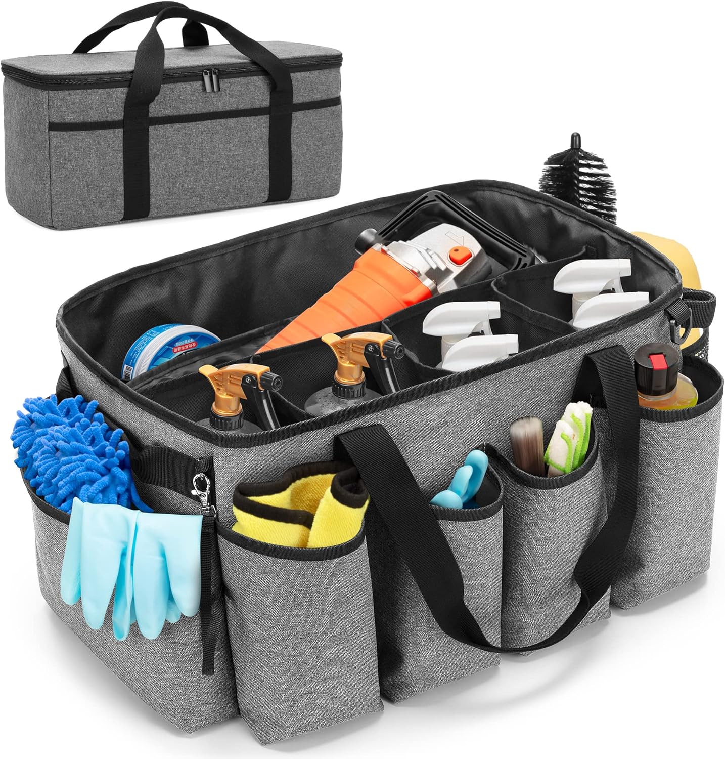 HODRANT Detailing Bag with Polisher Carry Bag, Large Detail Car Care Box for Auto Detailing Supplies, Car Wash Caddy & Trunk Organizer for Buffer Bottle Towel & Cleaning Kit, Black, Patent Design