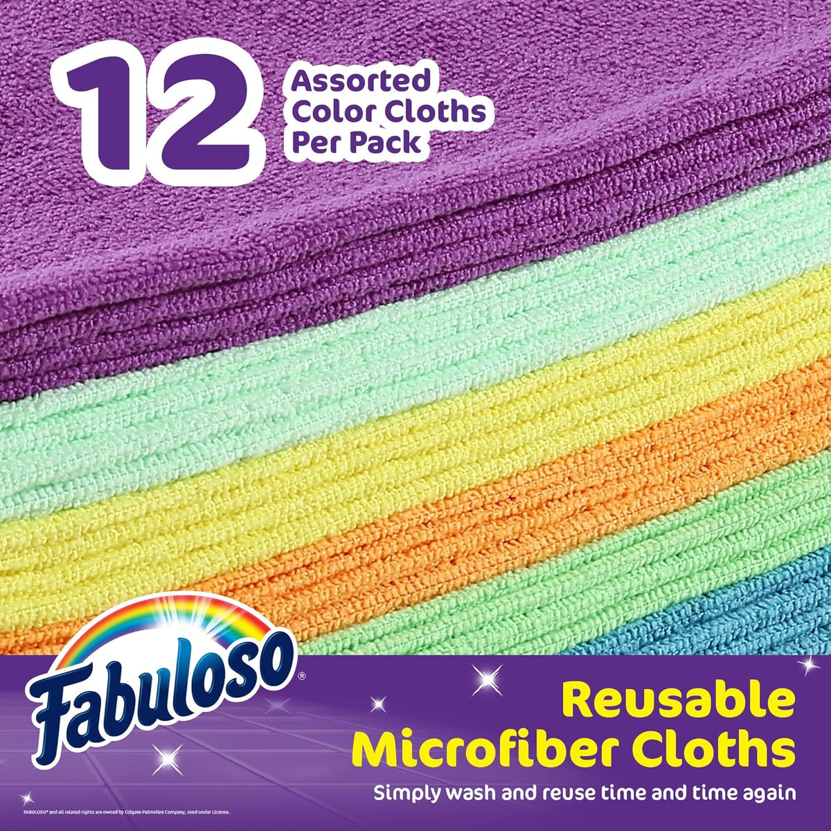 Fabuloso Microfiber Cleaning Cloths for Home & Car, Lint-Free Scratch-Free Rags for Glass, Kitchen & Wood, Reusable Machine Washable, Absorbent for Dusting & Wiping, Rainbow, 13 x 13 in, 8 Count