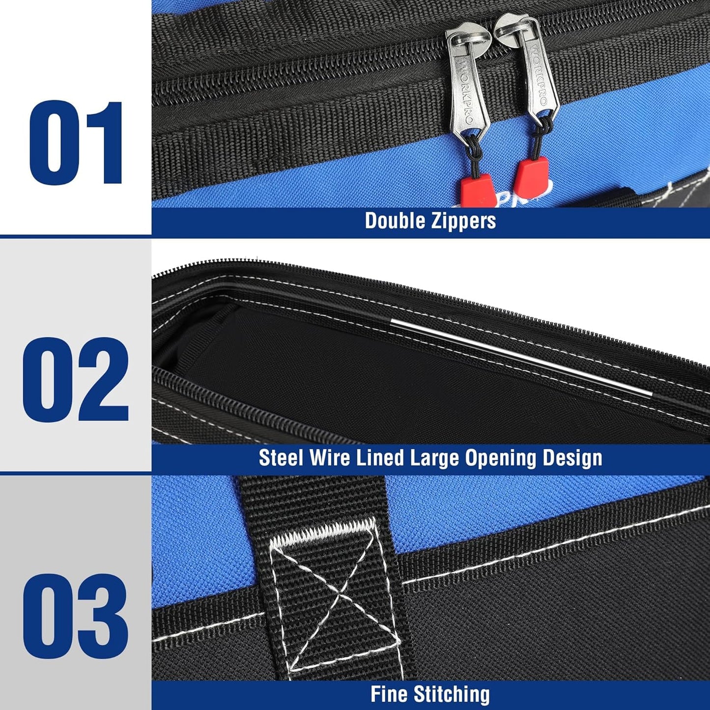 WORKPRO 16-inch Wide Mouth Tool Bag with Water Proof Molded Base | Multi-Pocket, Heavy Duty Cloth, Adjustable Shoulder Strap, Double-pull Zipper, For Workshops, Outdoor Projects