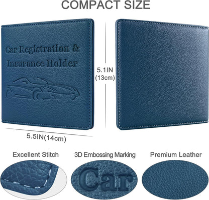 Car Registration and Insurance Holder, Premium PU Leather Vehicle Glove Box Car Organizer Men Women Wallet Accessories Case for ID, Driver's License - Blue