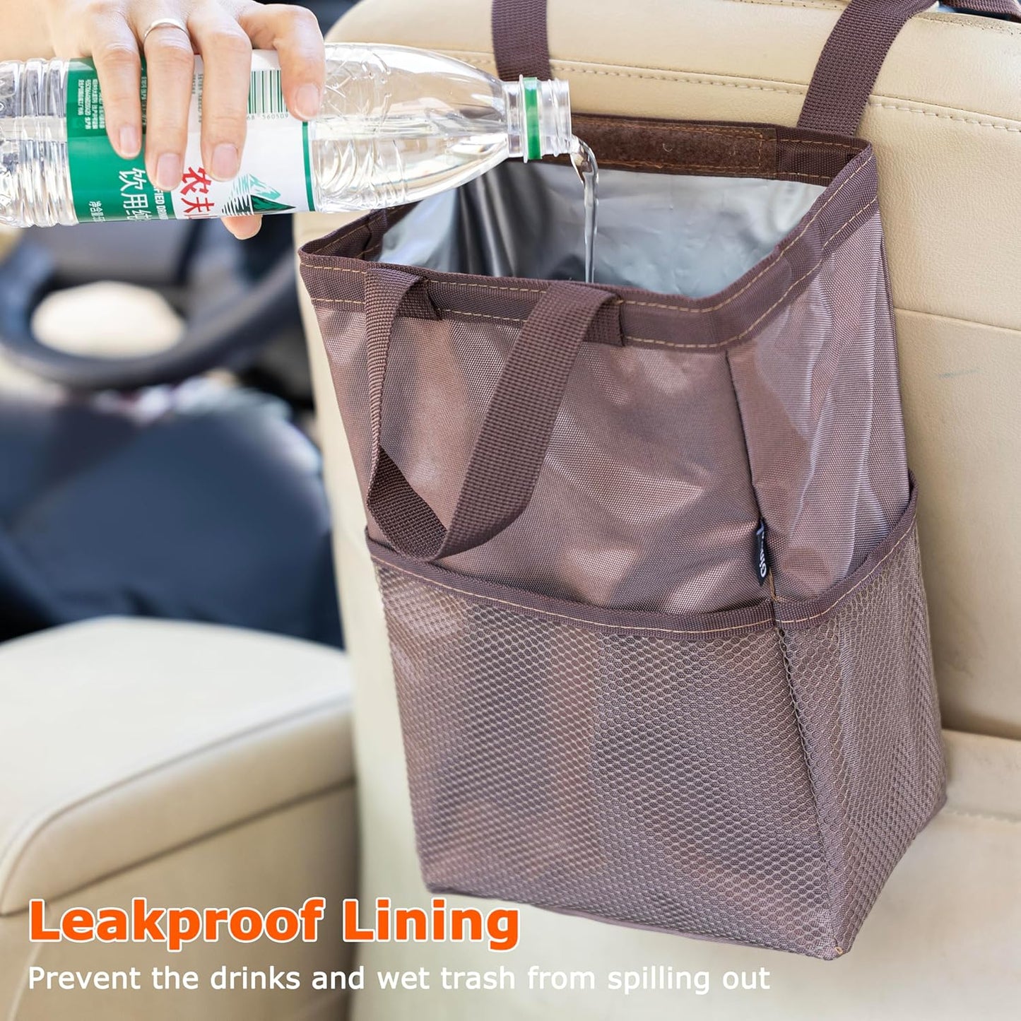 Ginsco New Leak-Proof Travel Car Trash Bag, 3.5 Gallons Large Capacity Hanging Car Trash Can with Hook and Loop Lid and Handle, Multipurpose Trash Bin with Storage Pockets for SUV RV Camping (Black)