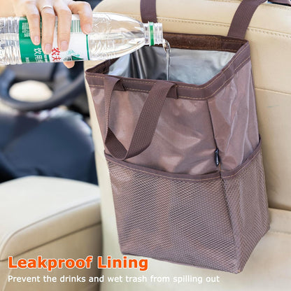 Ginsco New Leak-Proof Travel Car Trash Bag, 3.5 Gallons Large Capacity Hanging Car Trash Can with Hook and Loop Lid and Handle, Multipurpose Trash Bin with Storage Pockets for SUV RV Camping (Black)