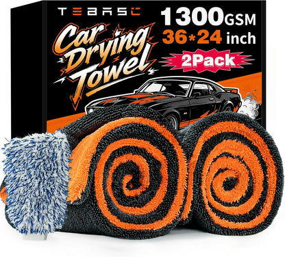 2-Pack Car Drying Towels 24x36 Inch 1300GSM, Twisted Loop Microfiber Cloth for Auto Detailing - Super Absorbent, Lint-Free & Streak-Free for SUV, Truck & Window (Gray-Green)
