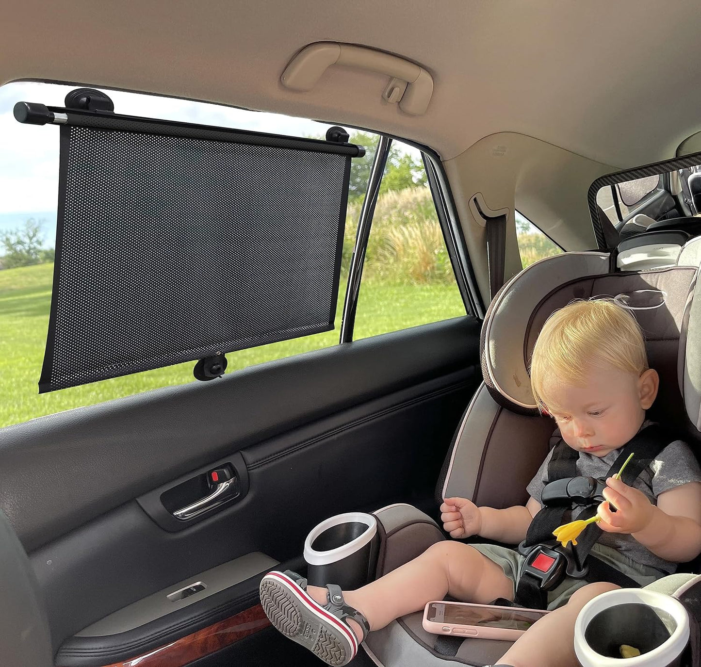 EcoNour Car Side Window Sun Shade (2 Pack) | Retractable Roller Sunshade for Kids | Baby Car Window Shades for UV and Sun Glare Protection | Baby Travel Accessories (15"x17")