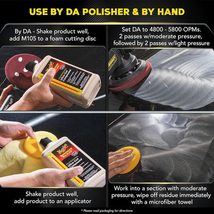Meguiar’s Mirror Glaze M105 Ultra-Cut Compound, Car Rubbing Compound for Removing Scratches and Heavy Swirls While Adding Shine, Safe and Effective on All Glossy Car Paint and Clear Coats, 8 oz