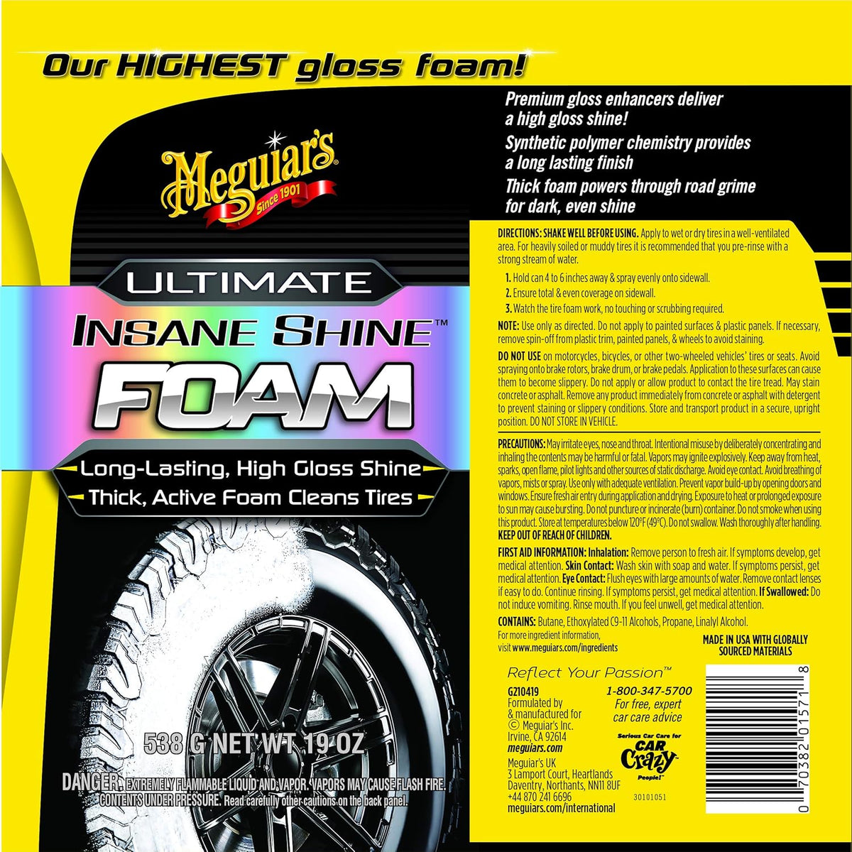 Meguiar's Ultimate Insane Shine Foam, Long-Lasting Tire Shine for an Extreme Shine and Gloss, Rich, Dark and Consistent Finish, No Wiping or Rinsing Required, 19 Oz