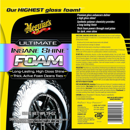 Meguiar's Ultimate Insane Shine Foam, Long-Lasting Tire Shine for an Extreme Shine and Gloss, Rich, Dark and Consistent Finish, No Wiping or Rinsing Required, 19 Oz
