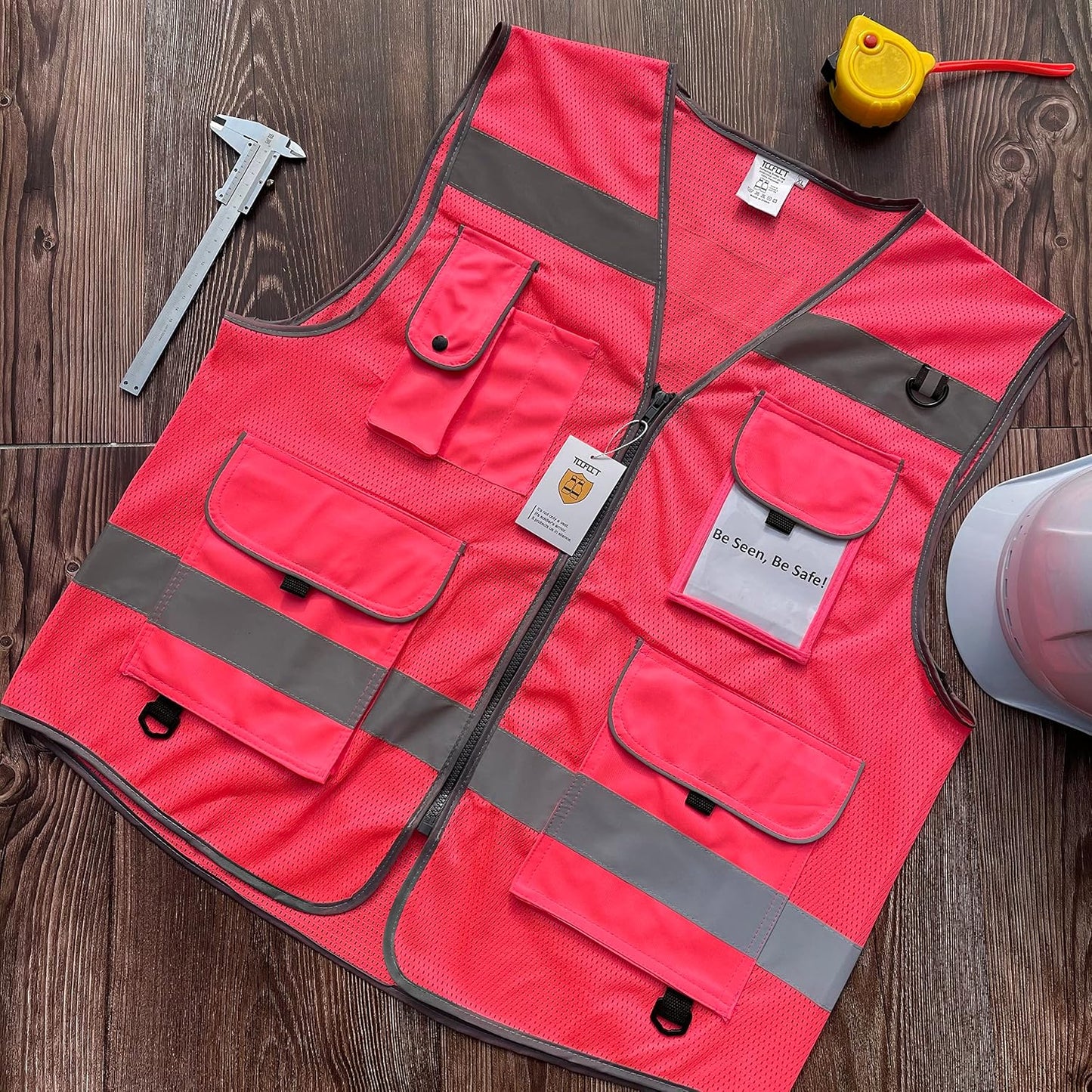 TCCFCCT Safety Vest for Men Women 9 Pockets High Visibility Vest for Safety, Reflective Work Vest with Reflective Strips, Meets ANSI/ISEA Standards, (Yellow, Large)