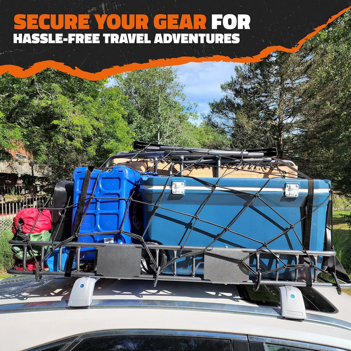 Mockins 16 Cu Ft Weatherproof No Rack Rooftop Cargo Carrier Bag 45"x34"x18" | Rooftop Cargo Bag for Top of Car | Car Topper Luggage Carrier Waterproof Set w/ Accessories | Vehicle Soft-Shell Carriers
