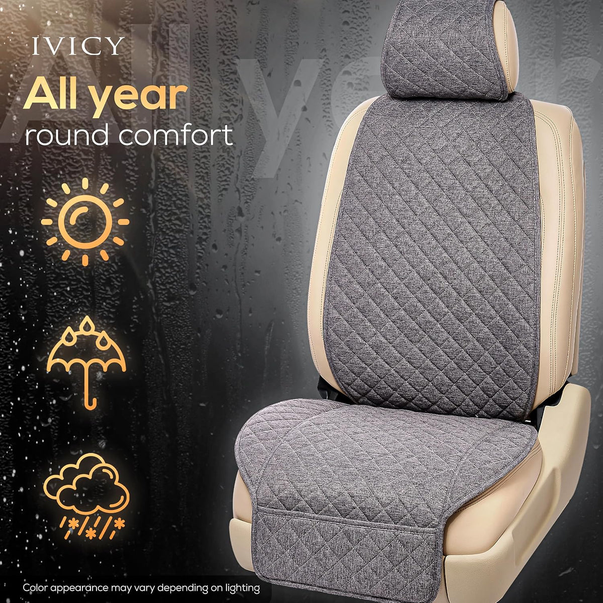 IVICY Faux Linen Front Car Seat Cover – Non-Slip Bucket Seat Protector for Most Cars, SUVs, Vans & Trucks – 1 Seat Cover, Machine Washable, Side-Airbag Friendly, Light Beige
