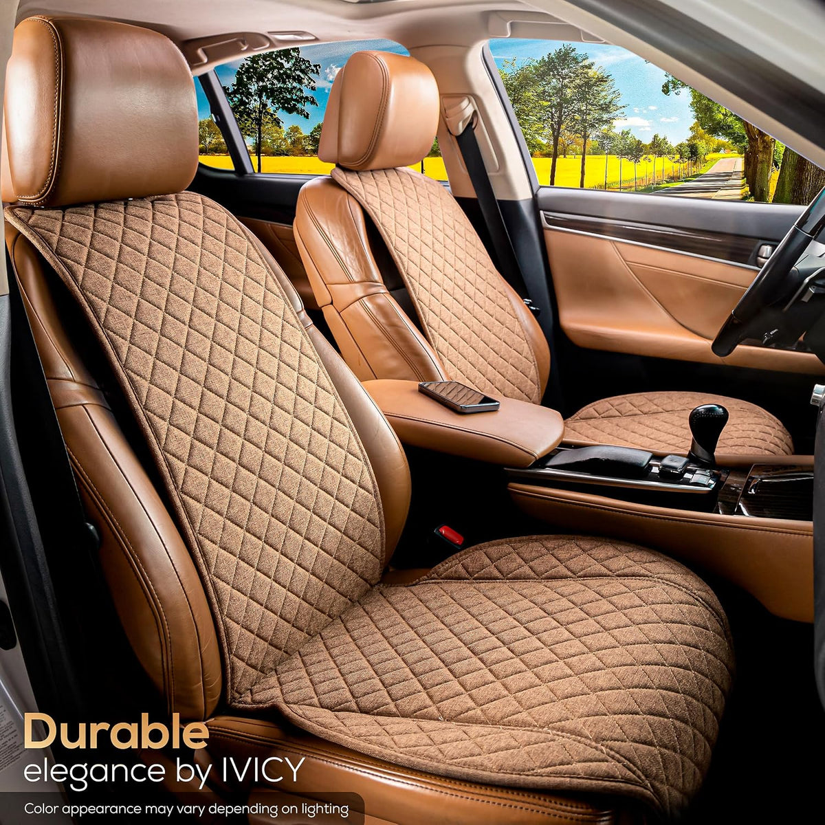 IVICY Faux Linen Front Car Seat Cover – Non-Slip Bucket Seat Protector for Most Cars, SUVs, Vans & Trucks – 1 Seat Cover, Machine Washable, Side-Airbag Friendly, Light Beige