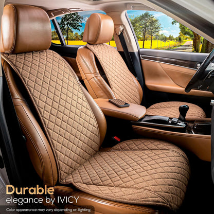 IVICY Faux Linen Front Car Seat Cover – Non-Slip Bucket Seat Protector for Most Cars, SUVs, Vans & Trucks – 1 Seat Cover, Machine Washable, Side-Airbag Friendly, Light Beige
