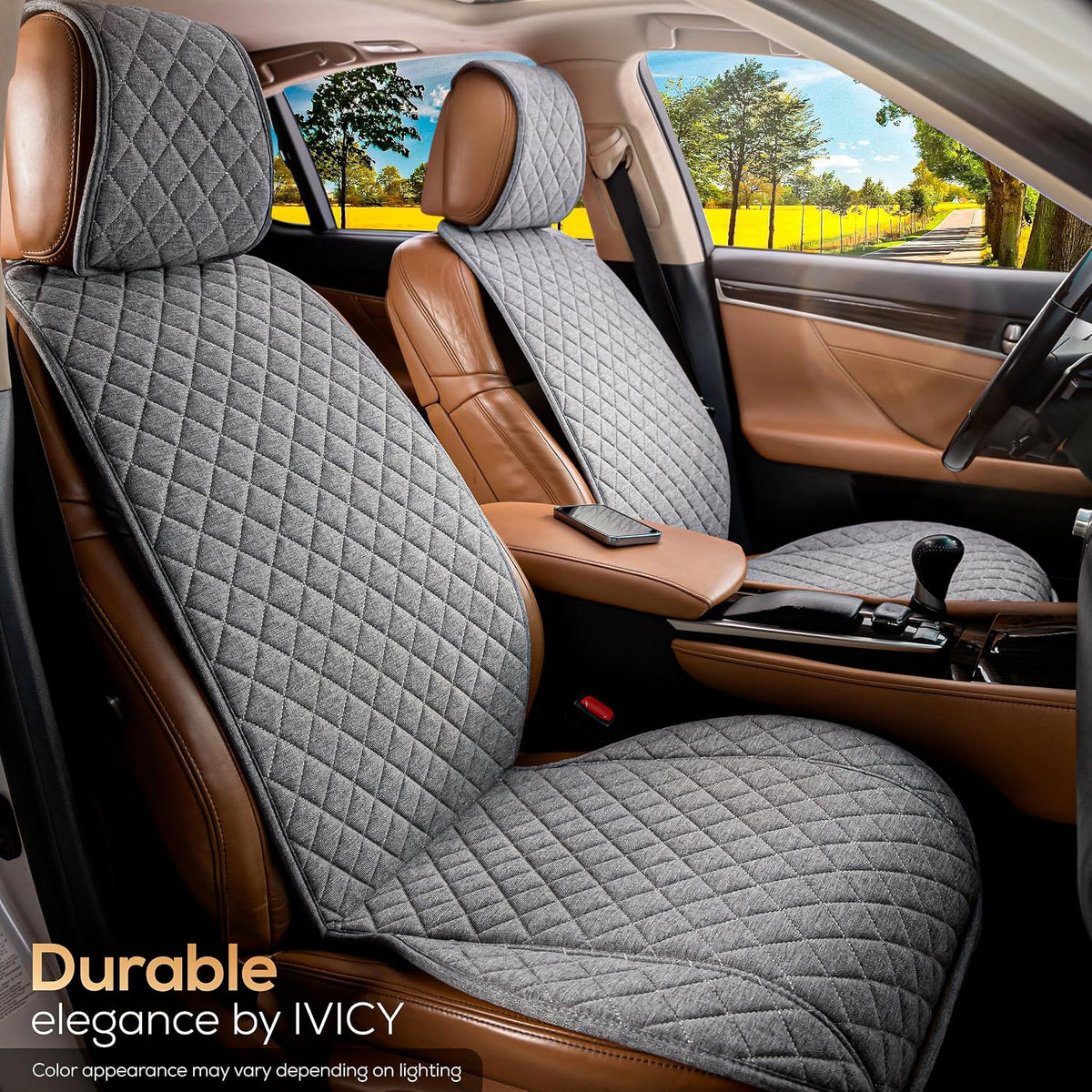 IVICY Faux Linen Front Car Seat Cover – Non-Slip Bucket Seat Protector for Most Cars, SUVs, Vans & Trucks – 1 Seat Cover, Machine Washable, Side-Airbag Friendly, Light Beige
