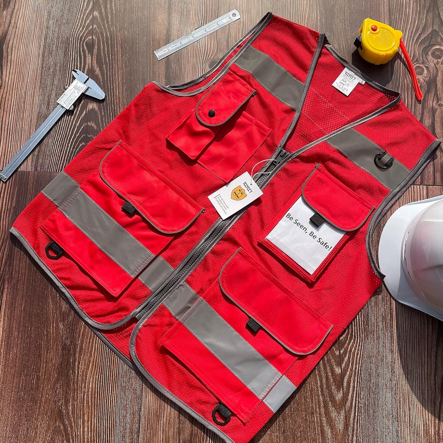 TCCFCCT Safety Vest for Men Women 9 Pockets High Visibility Vest for Safety, Reflective Work Vest with Reflective Strips, Meets ANSI/ISEA Standards, (Yellow, Large)