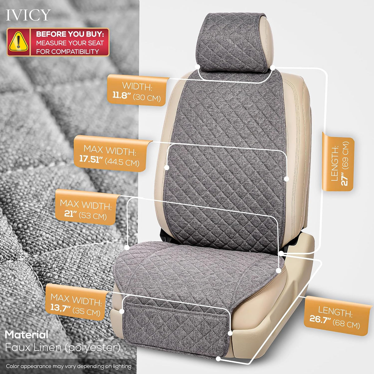 IVICY Faux Linen Front Car Seat Cover – Non-Slip Bucket Seat Protector for Most Cars, SUVs, Vans & Trucks – 1 Seat Cover, Machine Washable, Side-Airbag Friendly, Light Beige