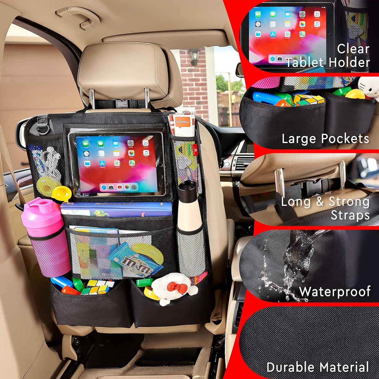 Helteko Backseat Car Organizer, Kick Mats Back Seat Protector with Touch Screen Tablet Holder, Organizer for Kids, Travel Accessories, Mat 9 Storage Pockets 2 Pack