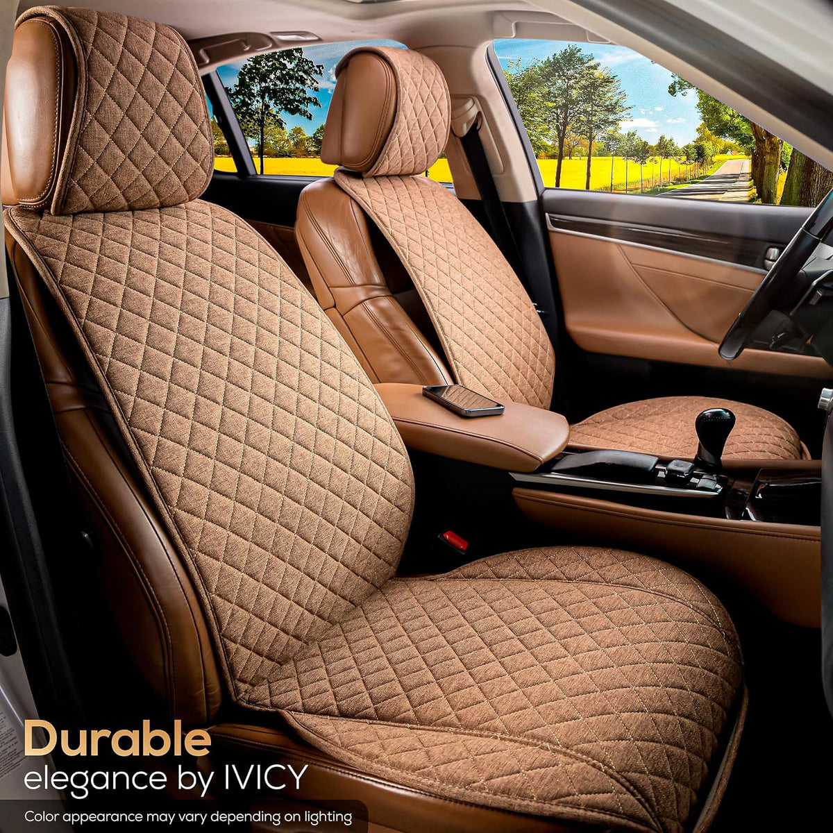 IVICY Faux Linen Front Car Seat Cover – Non-Slip Bucket Seat Protector for Most Cars, SUVs, Vans & Trucks – 1 Seat Cover, Machine Washable, Side-Airbag Friendly, Light Beige