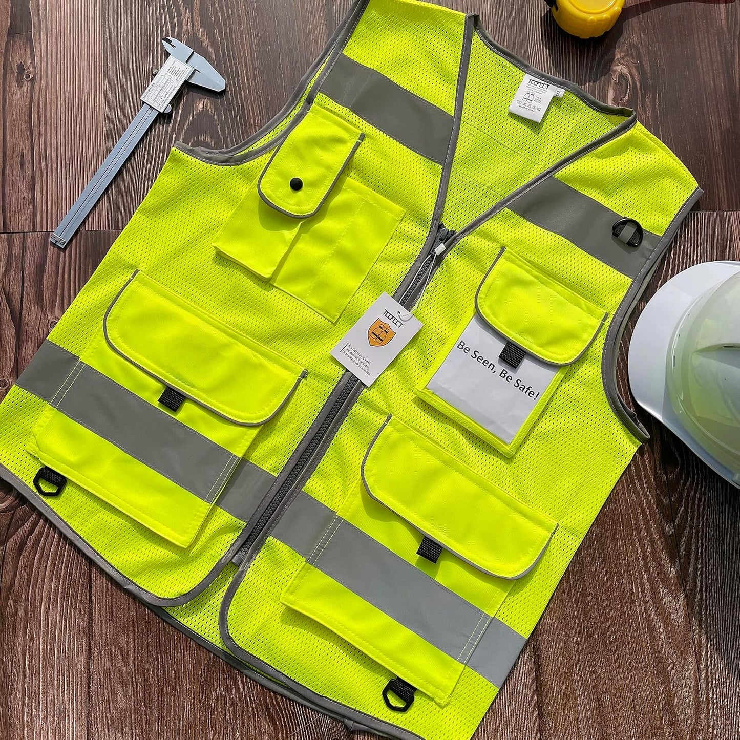 TCCFCCT Safety Vest for Men Women 9 Pockets High Visibility Vest for Safety, Reflective Work Vest with Reflective Strips, Meets ANSI/ISEA Standards, (Yellow, Large)