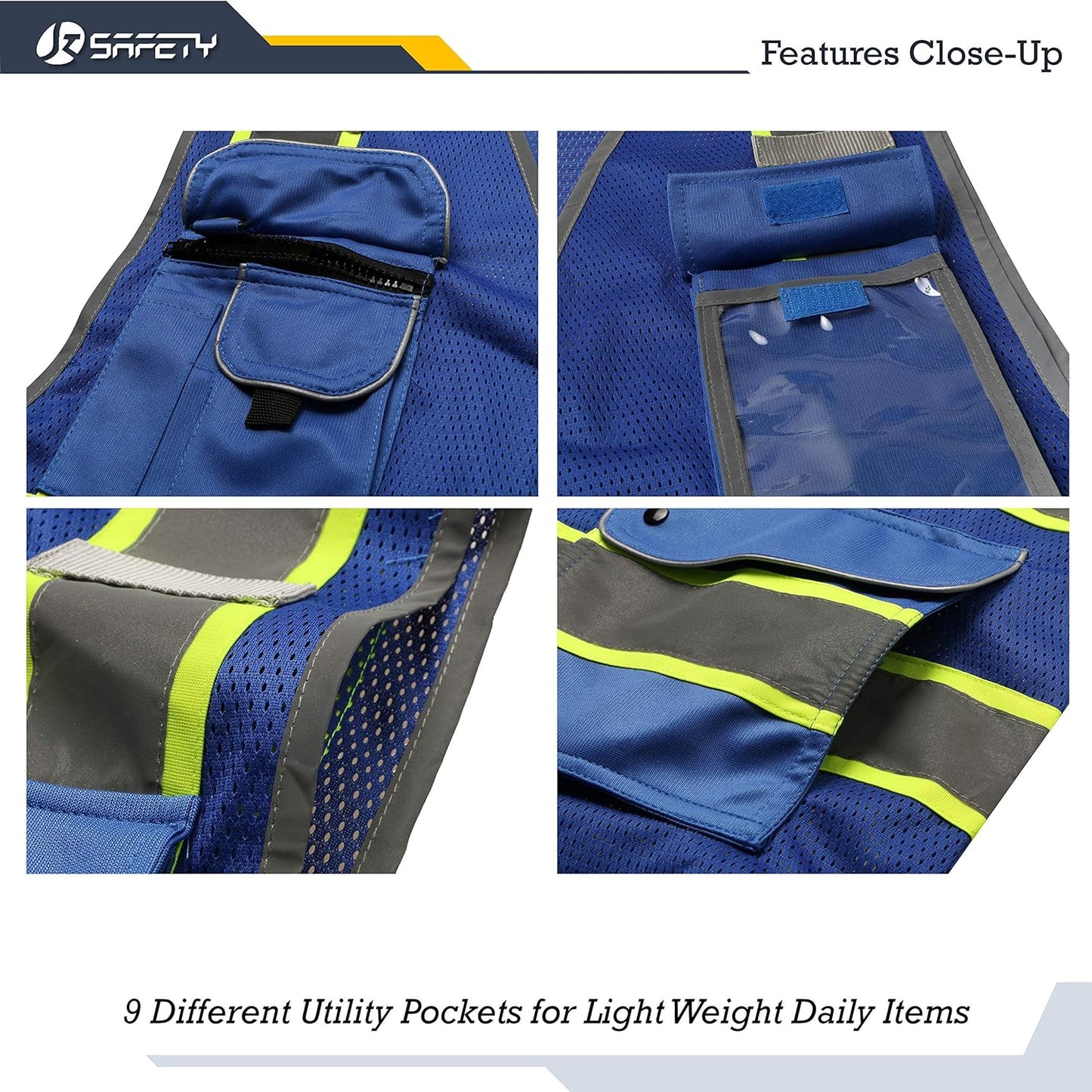 JKSafety 9 Pockets Class 2 High Visibility Zipper Front Safety Vest With Reflective Strips,Meets ANSI/ISEA Standard (Large, 150-Yellow) - Colors B