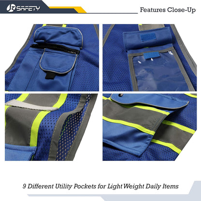JKSafety 9 Pockets Class 2 High Visibility Zipper Front Safety Vest With Reflective Strips,Meets ANSI/ISEA Standard (Large, 150-Yellow) - Colors B