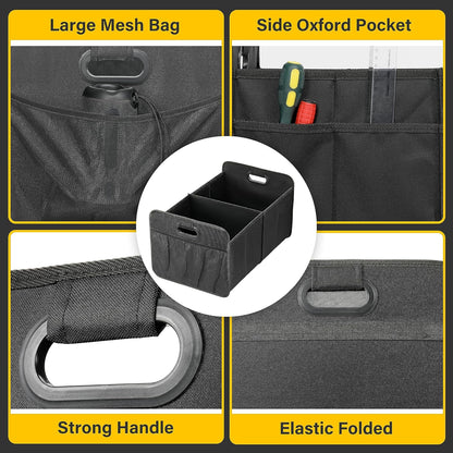 YSSOA Car Trunk Organizer, 2 Compartments Anti-slip 14" D x 22" W x 12" H Collapsible Trunk Storage, 600D Oxford Polyester Car Storage, Suitable for SUV, Minivan, Truck, Black