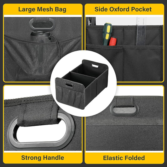 YSSOA Car Trunk Organizer, 2 Compartments Anti-slip 14" D x 22" W x 12" H Collapsible Trunk Storage, 600D Oxford Polyester Car Storage, Suitable for SUV, Minivan, Truck, Black
