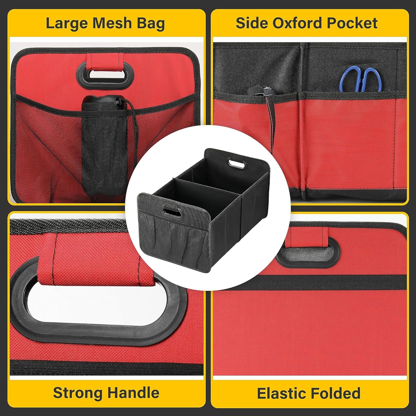 YSSOA Car Trunk Organizer, 2 Compartments Anti-slip 14" D x 22" W x 12" H Collapsible Trunk Storage, 600D Oxford Polyester Car Storage, Suitable for SUV, Minivan, Truck, Black