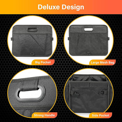 YSSOA Car Trunk Organizer, 2 Compartments Anti-slip 14" D x 22" W x 12" H Collapsible Trunk Storage, 600D Oxford Polyester Car Storage, Suitable for SUV, Minivan, Truck, Black