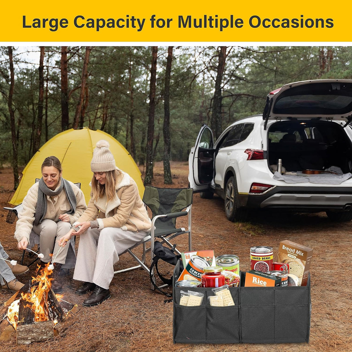 YSSOA Car Trunk Organizer, 2 Compartments Anti-slip 14" D x 22" W x 12" H Collapsible Trunk Storage, 600D Oxford Polyester Car Storage, Suitable for SUV, Minivan, Truck, Black