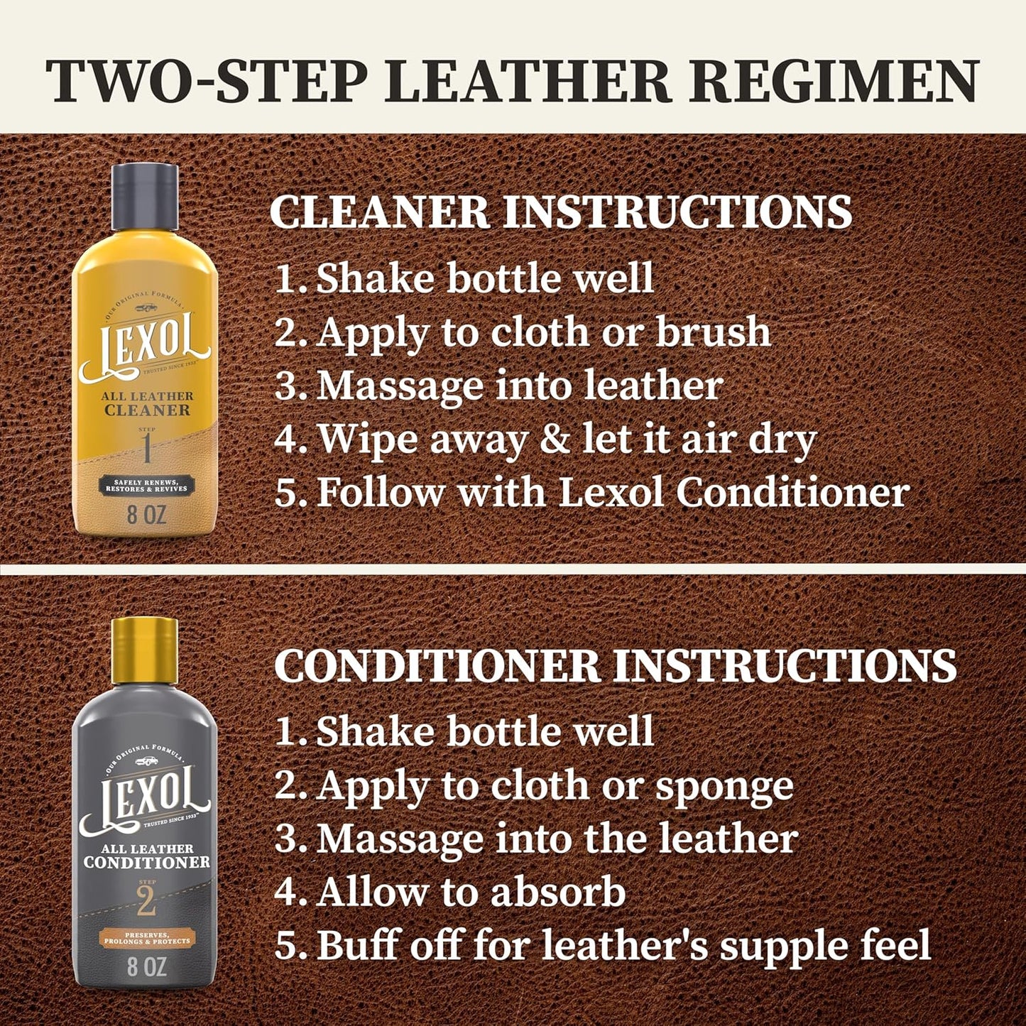 Lexol Leather Conditioner & Cleaner Kit - Premium 2-Step Leather Care for Car Interiors, Furniture, Shoes & Handbags, Includes 2 Sponges, Gift for leather lovers (16 oz Each)