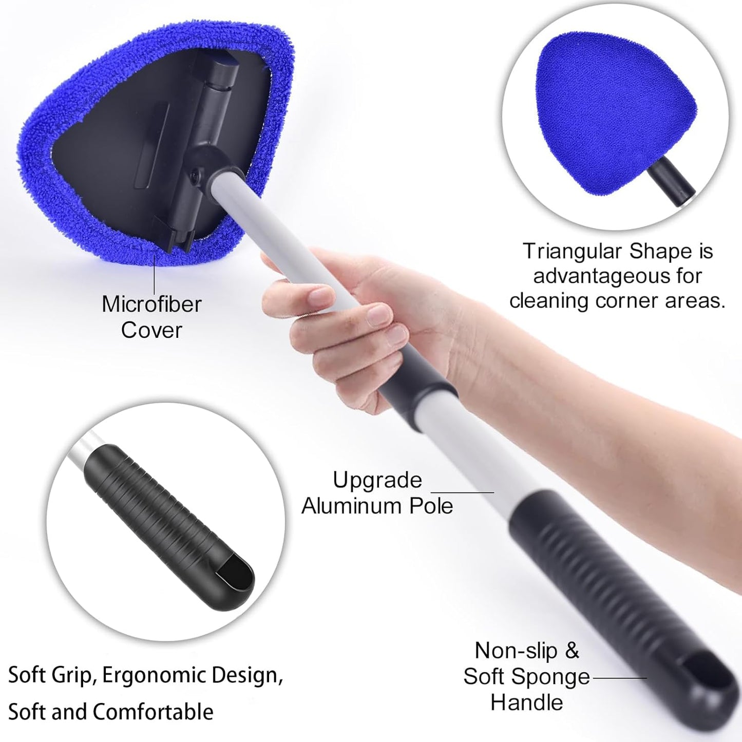 desin Windshield Cleaning Tool, Car Window Cleaner Windshield Cleaner with 4 Reusable and Washable Microfiber Pads and Extendable Handle Auto Inside Glass Wiper Kit