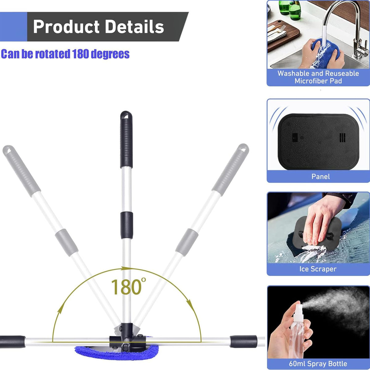 desin Windshield Cleaning Tool, Car Window Cleaner Windshield Cleaner with 4 Reusable and Washable Microfiber Pads and Extendable Handle Auto Inside Glass Wiper Kit