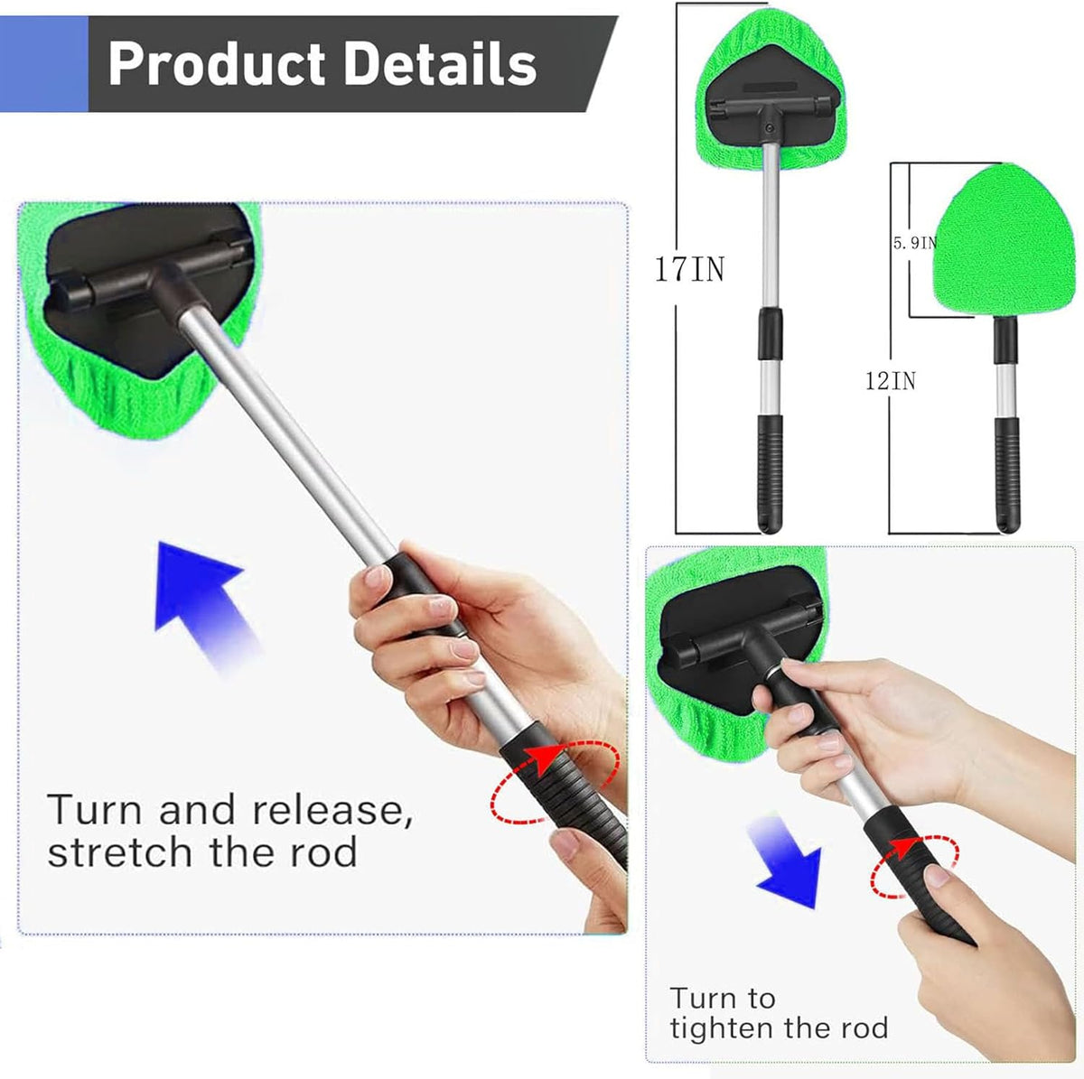 desin Windshield Cleaning Tool, Car Window Cleaner Windshield Cleaner with 4 Reusable and Washable Microfiber Pads and Extendable Handle Auto Inside Glass Wiper Kit